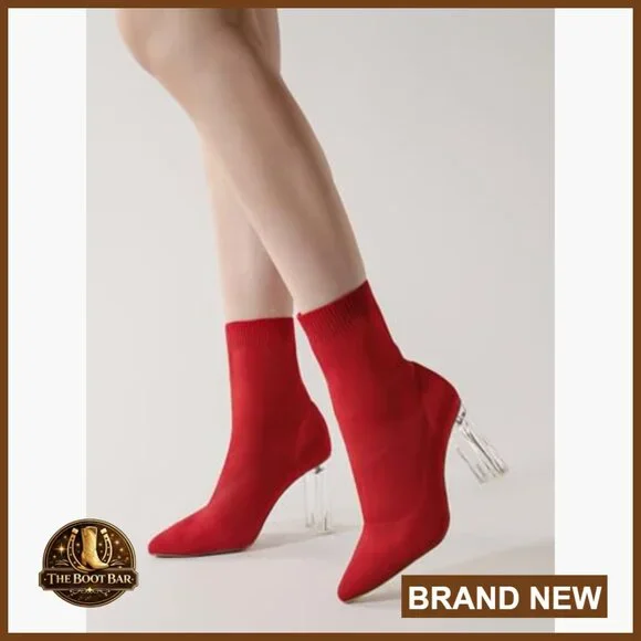 Knit Sock Ankle Boots Pointed Toe Clear Mid Heel Slip-On Stretch Booties - Picture 3 of 6